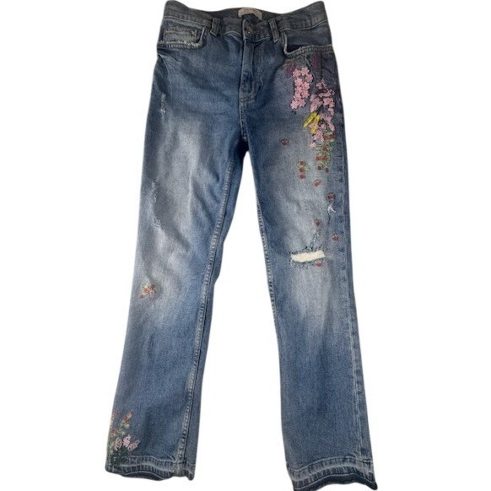 Zara Jeans Womens 2 Premium Denim Floral Embroidered Distressed Raw Hem Blue